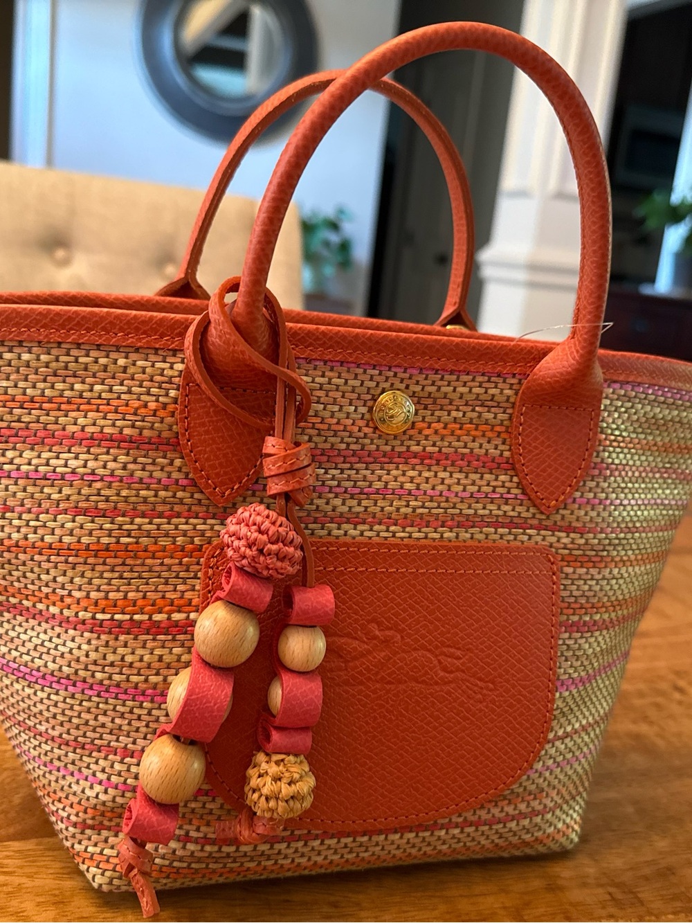 Longchamp Coral-Trim Woven Tote with Bead Tassel/ shoulder strap not included - Picture 5 of 5